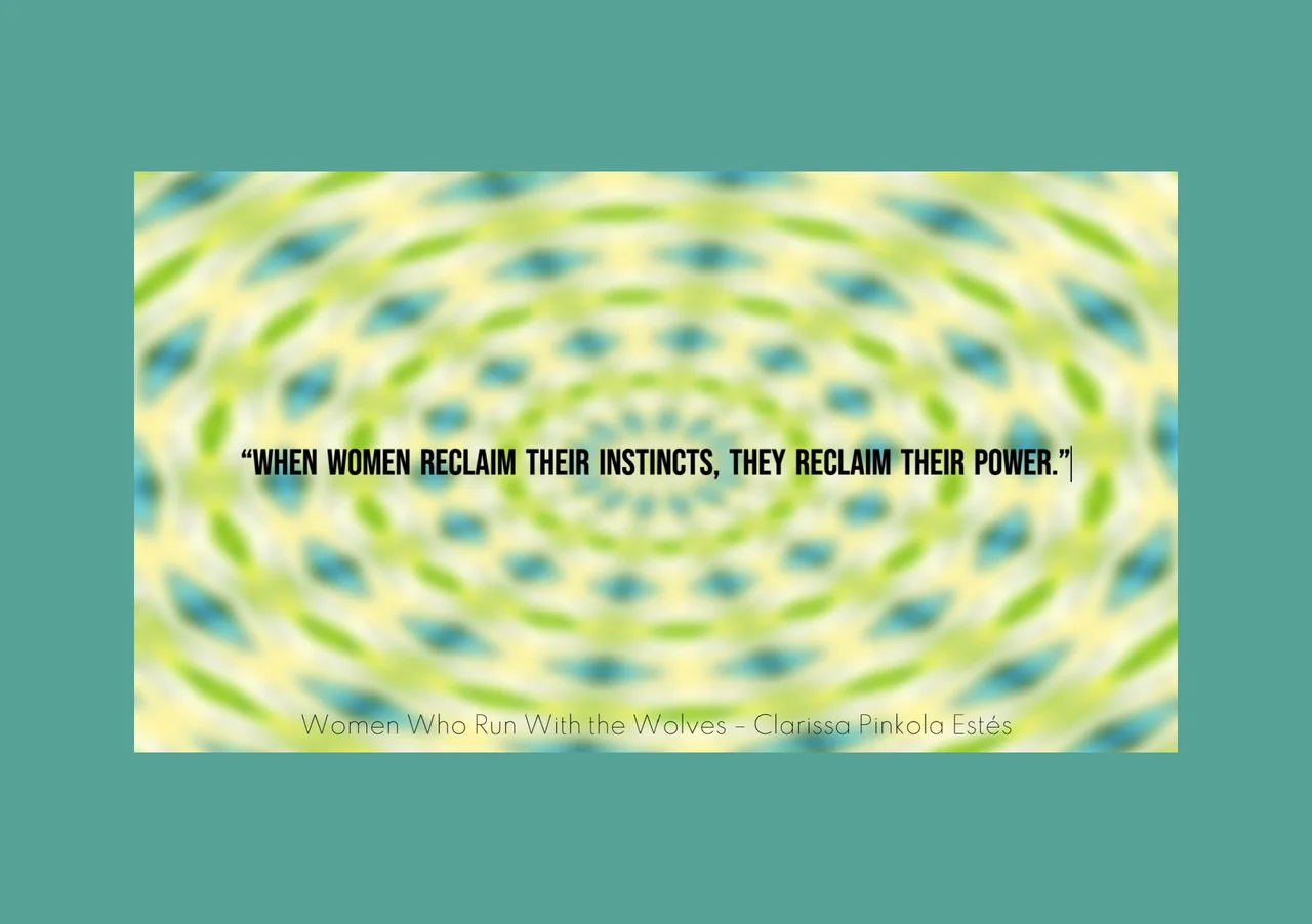 Luminous green and turquoise rings in Vibe Altar, accompanied by a quotation about reclaiming instinct.