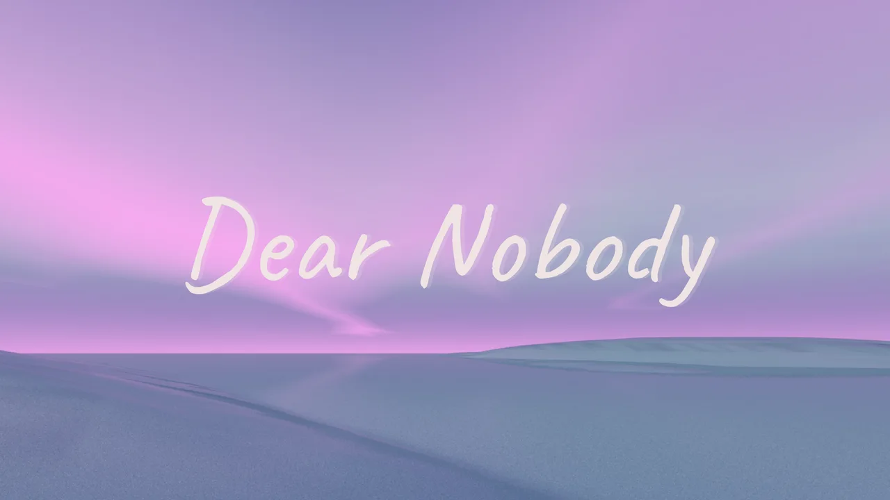 Dear Nobody title floating over a lavender and pink virtual landscape.
