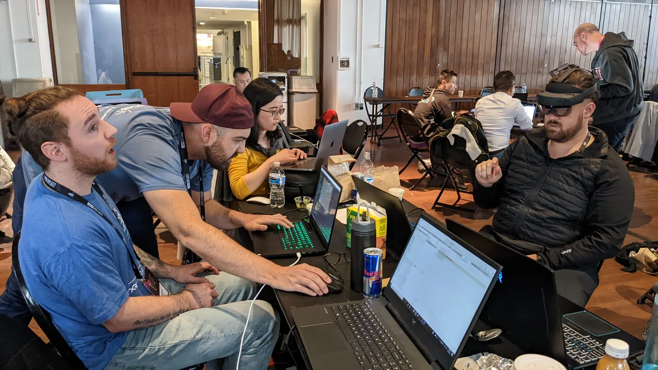 LifelinesAR collaborators developing the augmented-reality prototype at the hackathon.