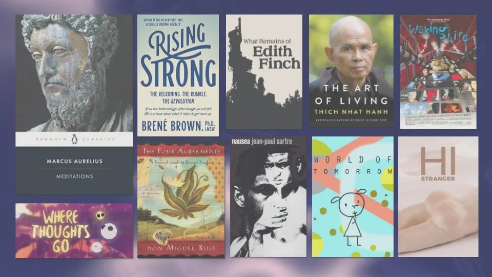 Books on philosophy, vulnerability, and self-acceptance collected during Dear Nobody research.