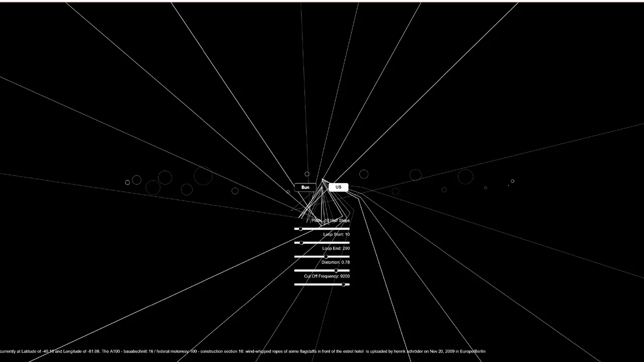 Fine radiating lines and circular controls in the dark browser-based audiovisual environment of Sun and Us.
