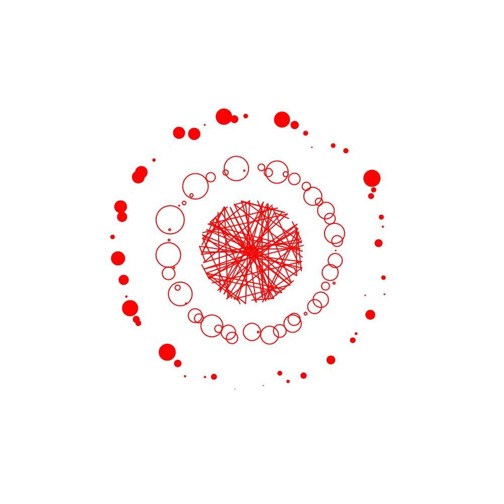 Red circles and connecting lines arranged in a circular pattern, an early visual study for Sun and Us.