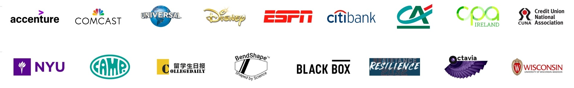 Client logos including Accenture, Disney, ESPN, Citibank and more