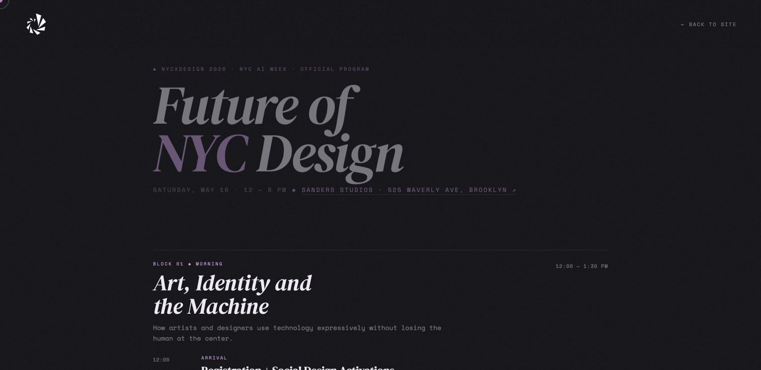 Future of NYC Design agenda page showing the first program block and event schedule