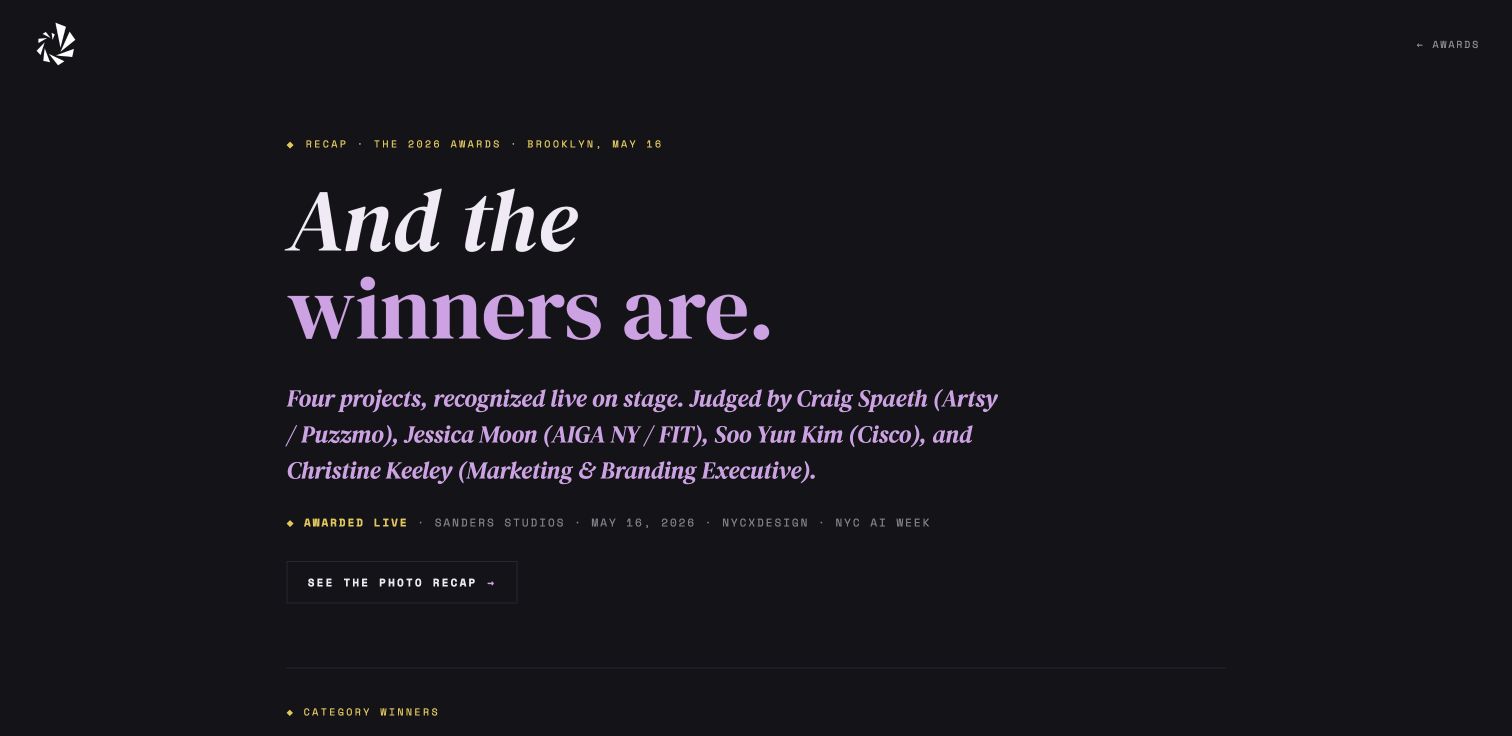 Future of NYC Design awards page with the post-event winners announcement