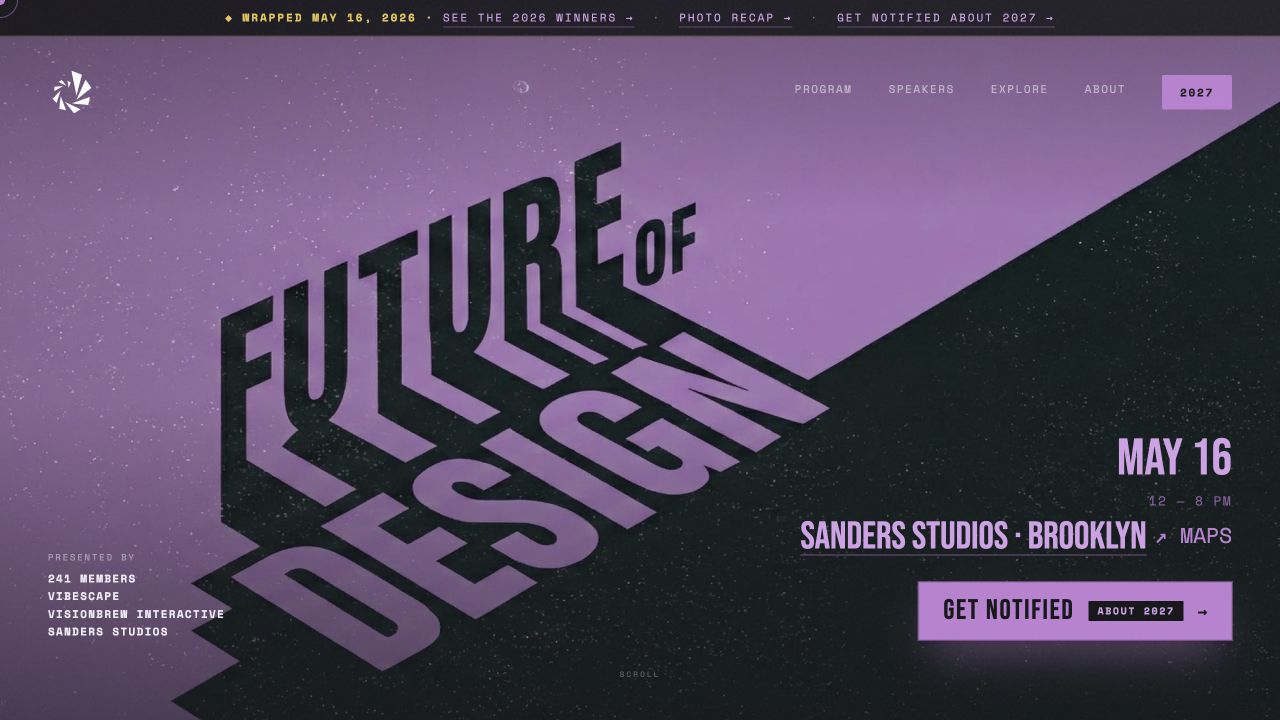Future of NYC Design website homepage showing the conference identity and registration path