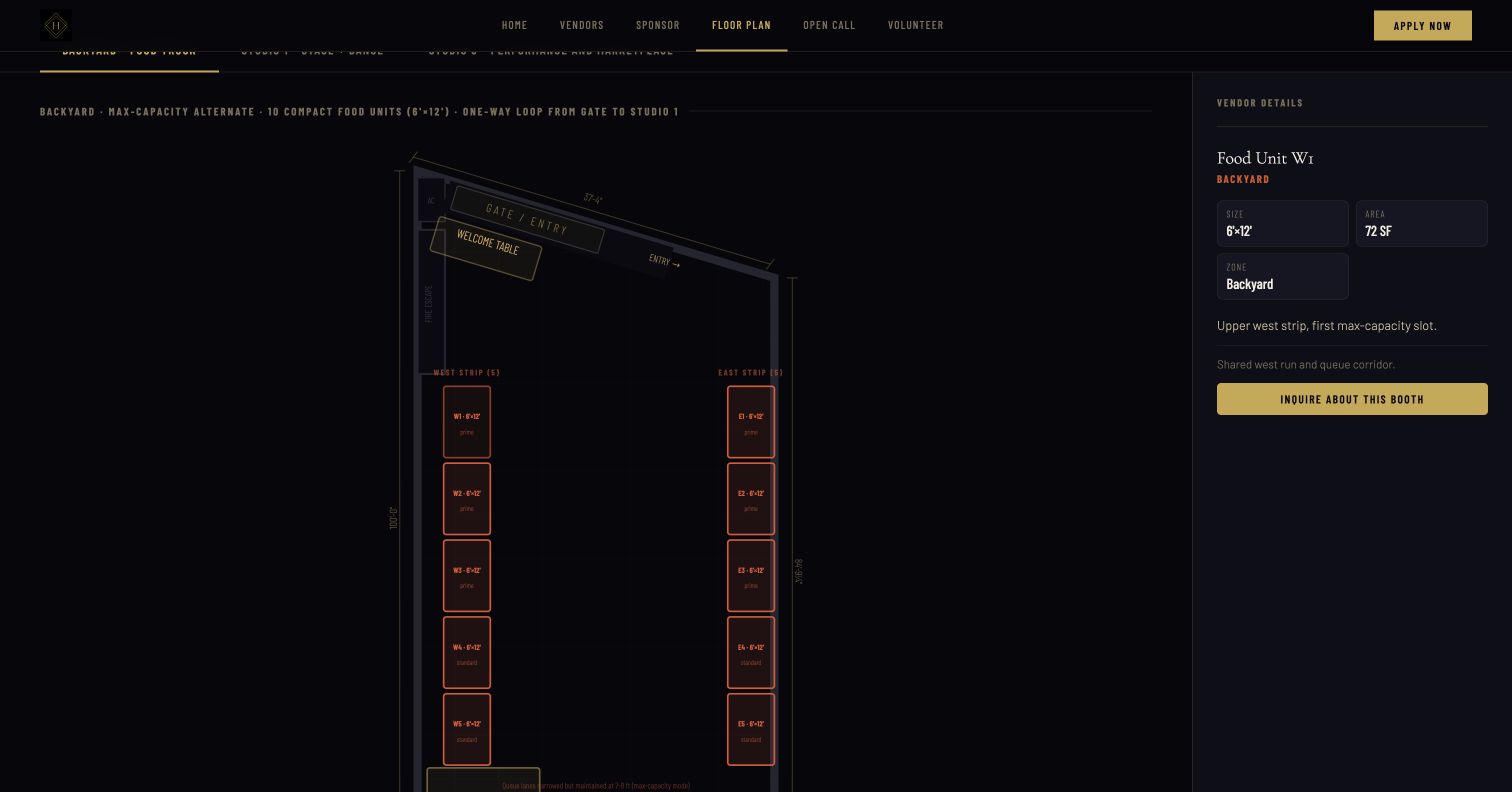 Interactive High Society Festival floor plan with one booth selected and its details visible