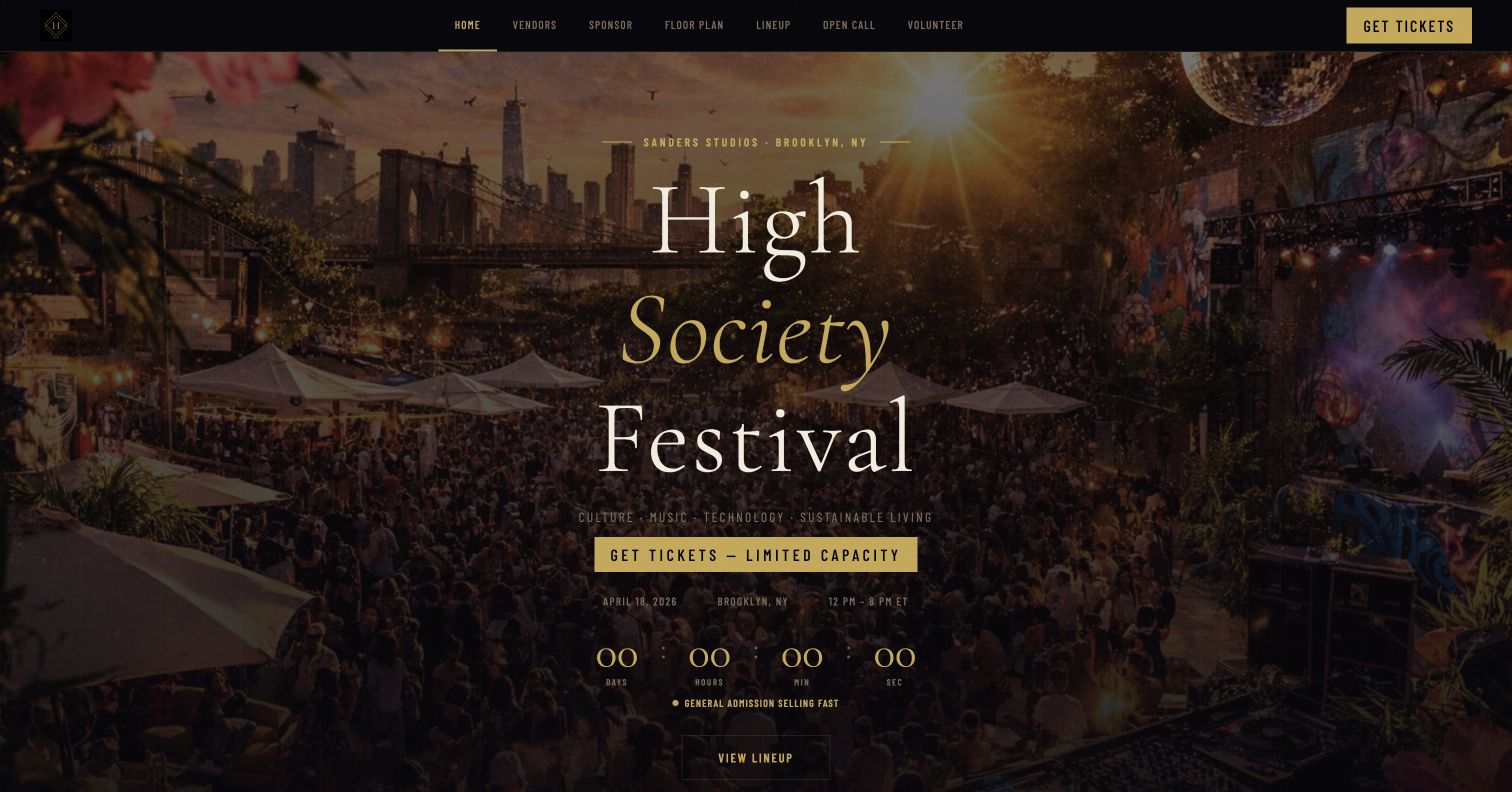 High Society Festival website homepage with event story, navigation, and ticket path