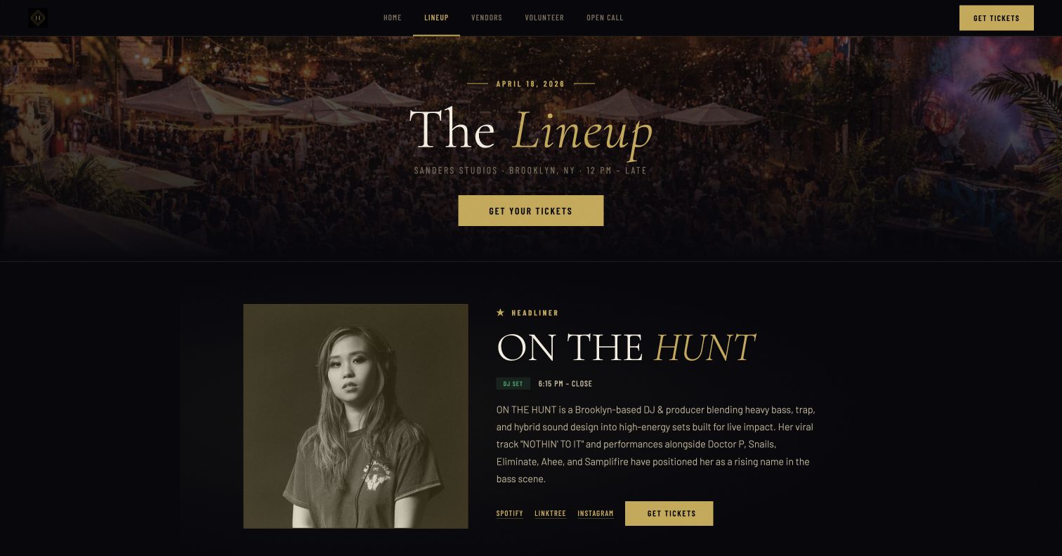 High Society Festival lineup page with headline artist and program details