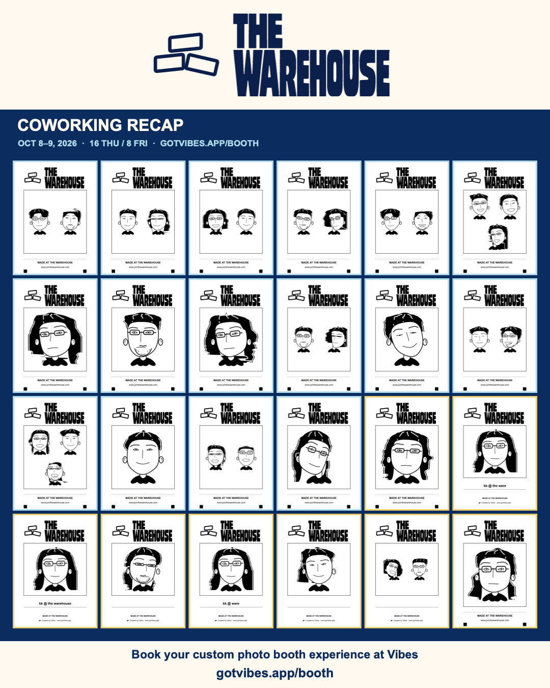 The Warehouse photo booth recap with guest portraits on branded cards