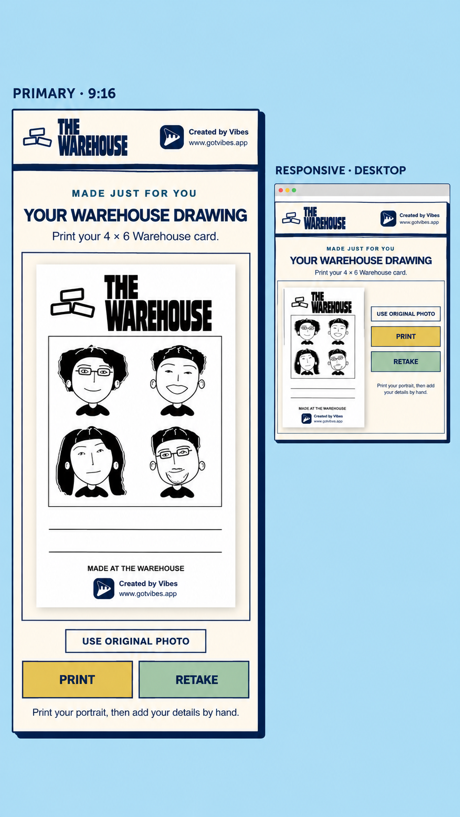 Warehouse photo booth print and screen layout exploration for a mobile and desktop review page