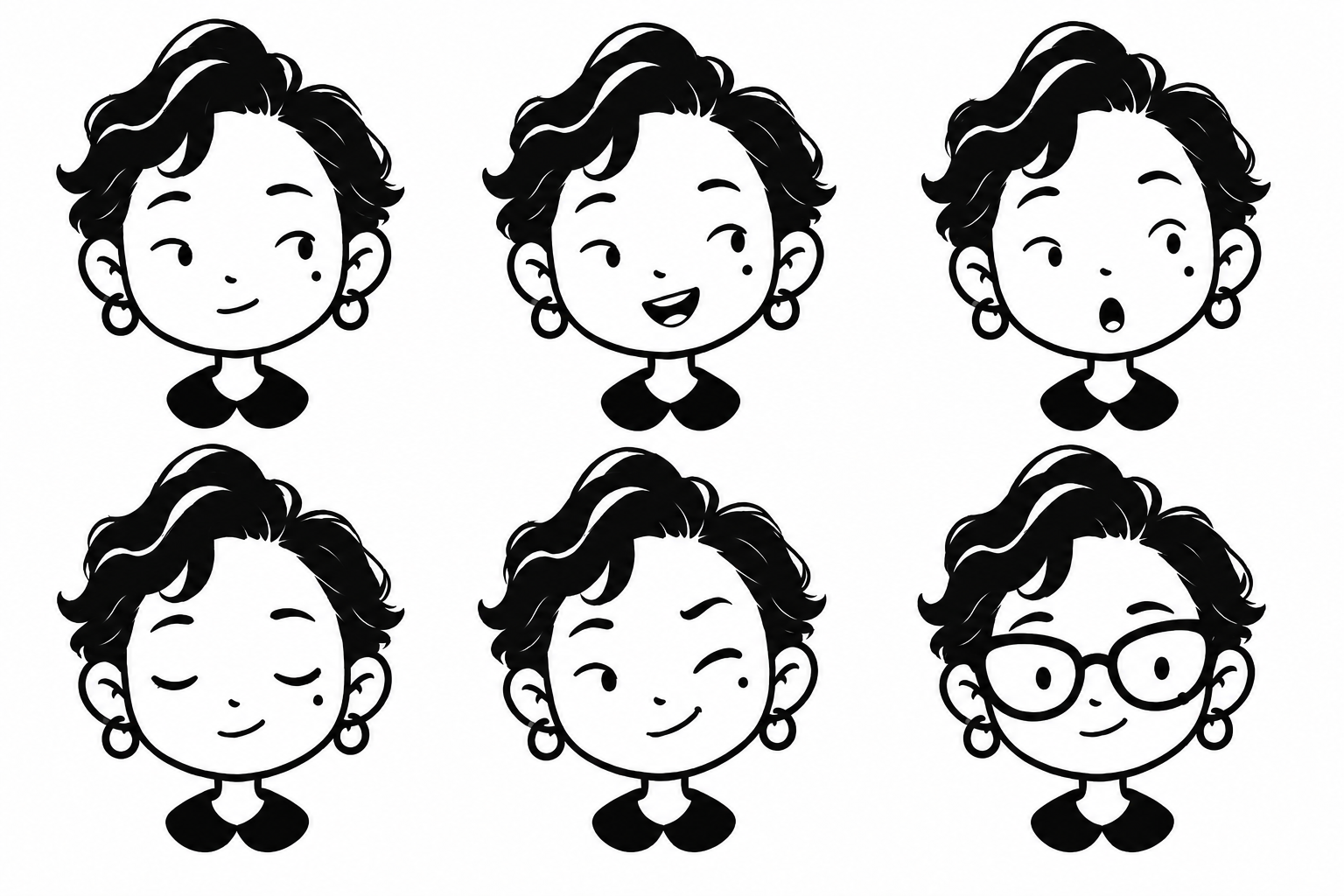 Six black-and-white Warehouse character studies showing expression and glasses variations