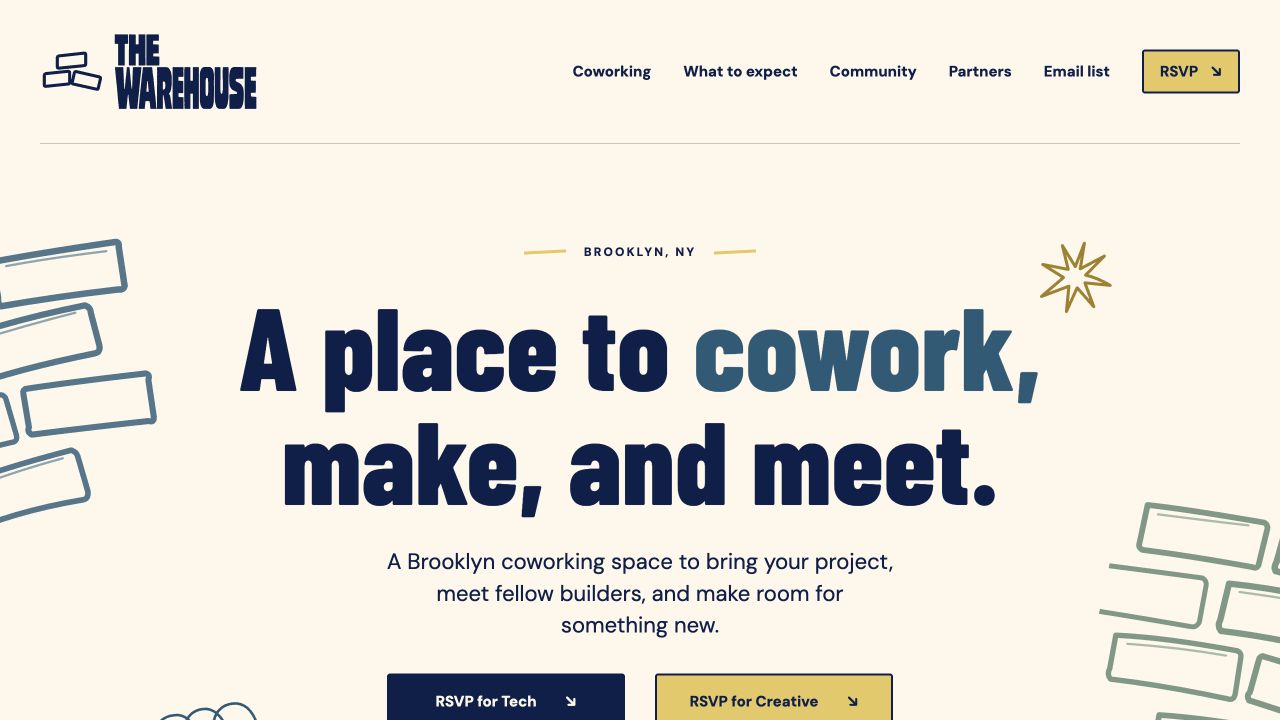 The Warehouse website homepage showing its coworking message, navigation, and RSVP actions