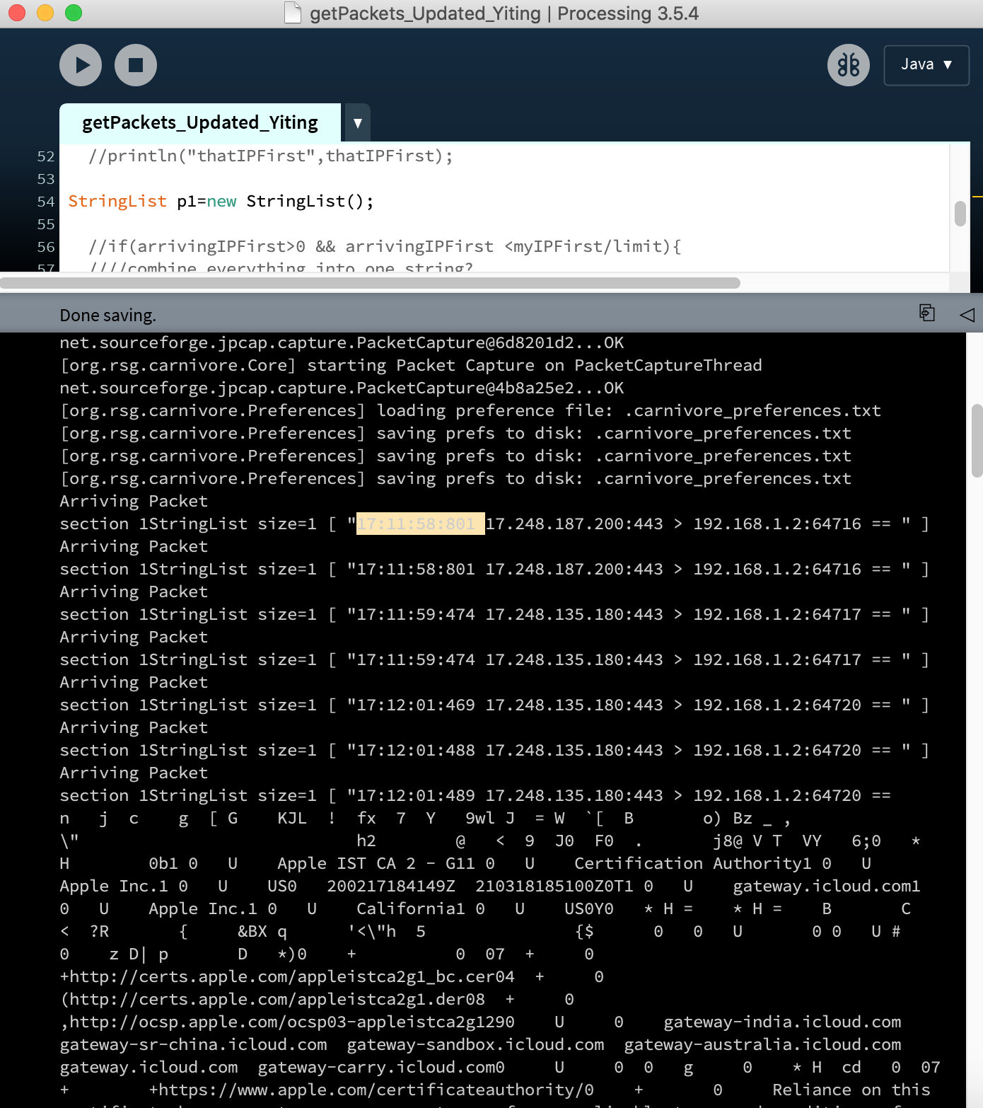 Processing console displaying captured packet information