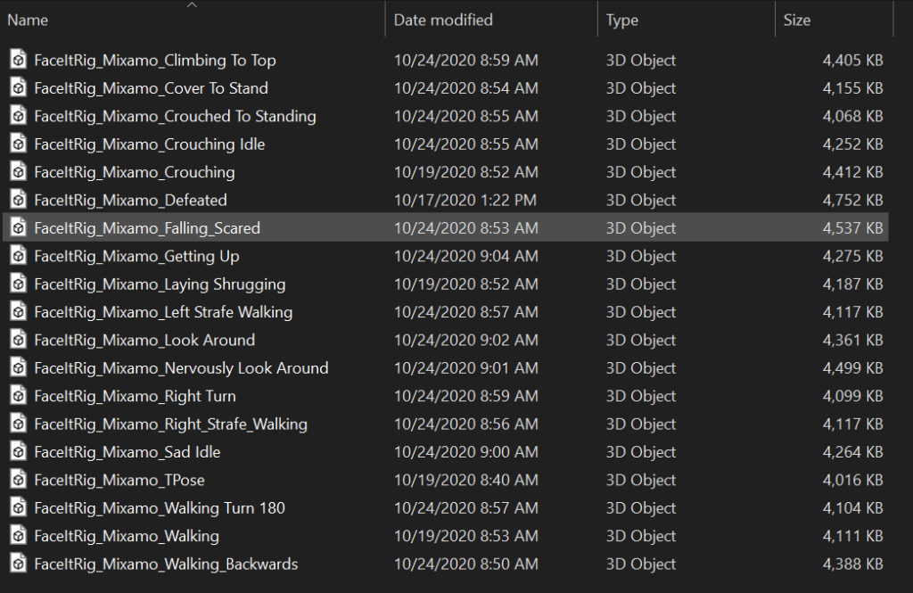 Animation selection screenshot